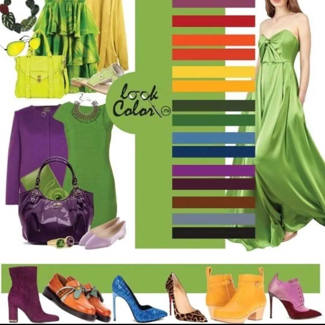 Серо-зеленый цвет - сочетание с другими цветами в одежде на фото